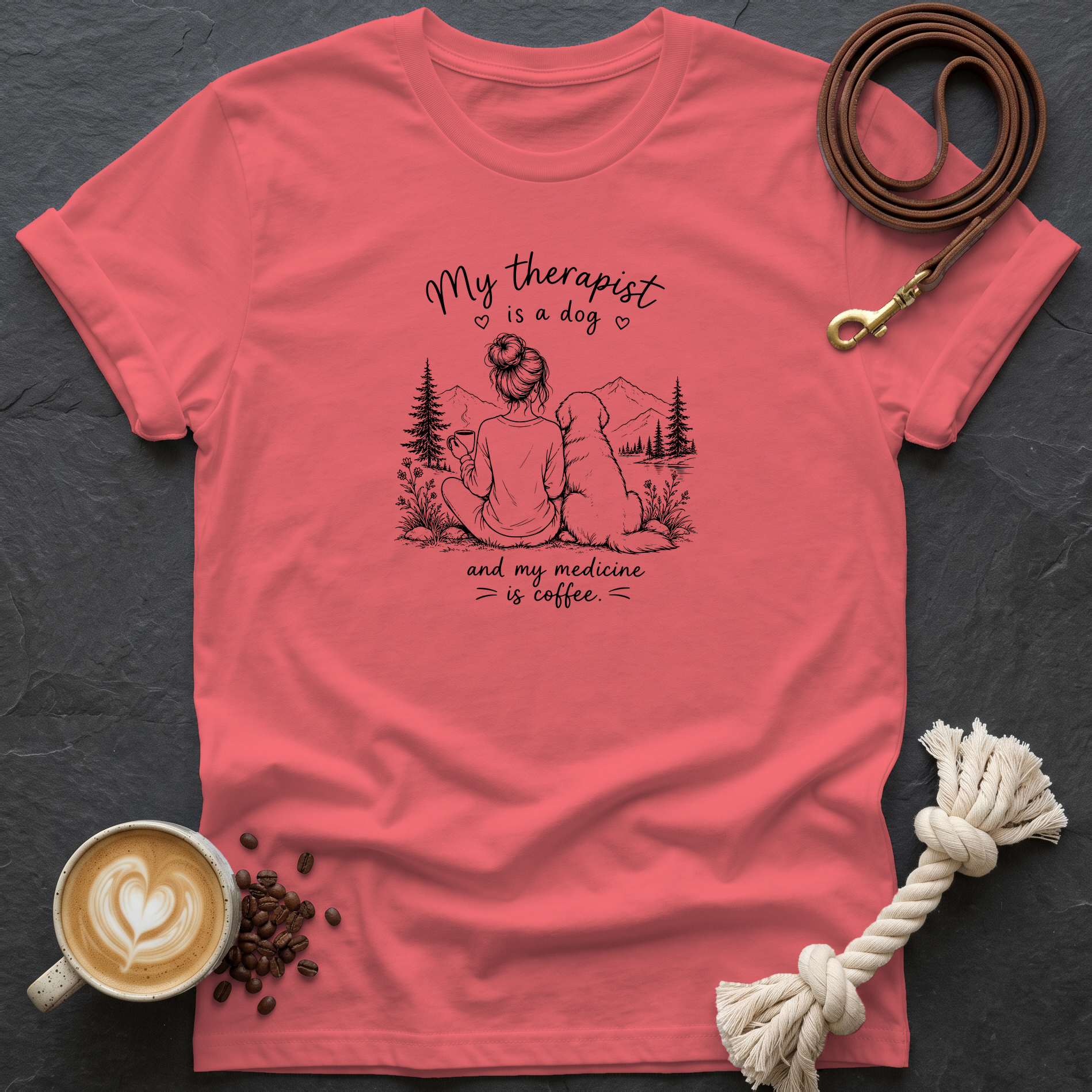 My Therapist is a Dog — Linework T-Shirt - Coral Silk