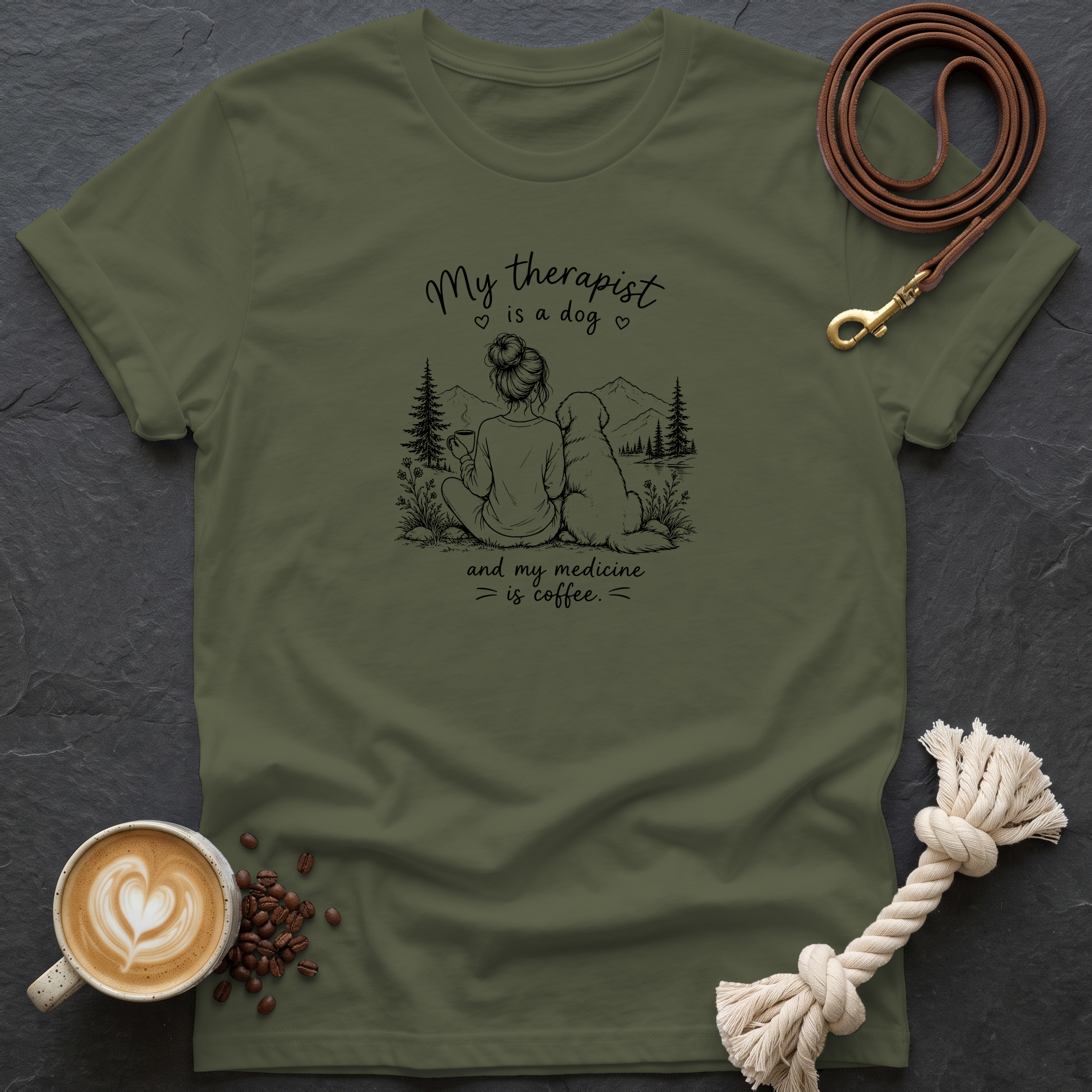 My Therapist is a Dog — Linework T-Shirt - Military Green