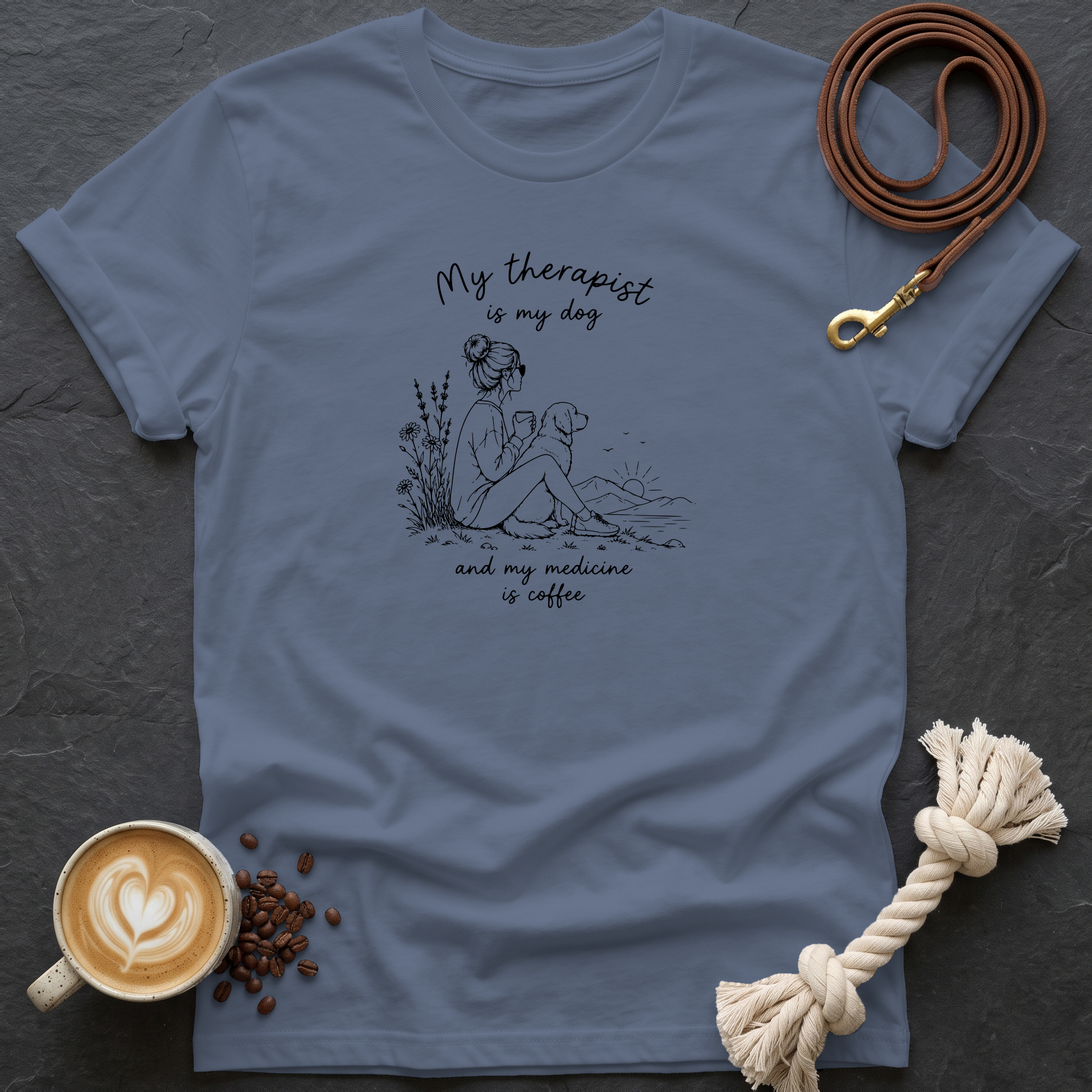 My Therapist is my Dog — Linework T-Shirt - Heather Indigo