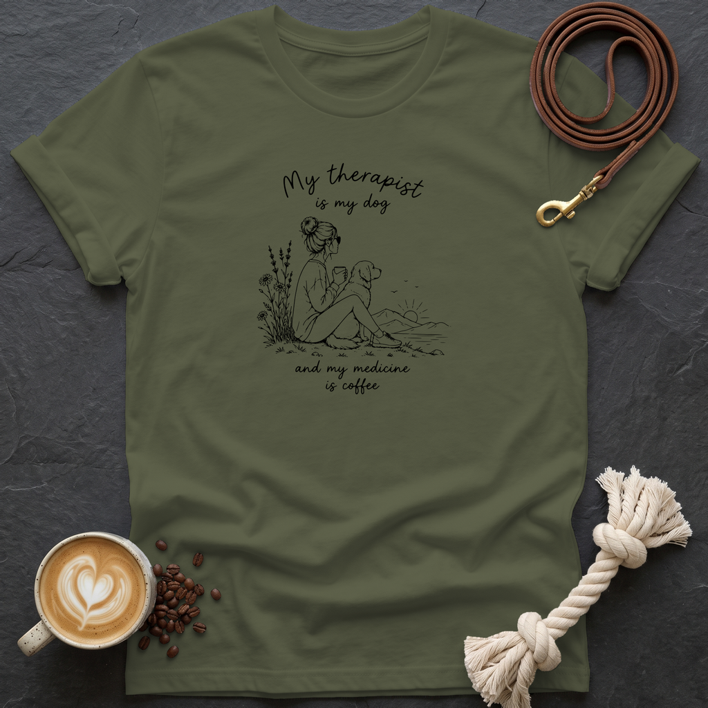 My Therapist is my Dog — Linework T-Shirt - Military Green