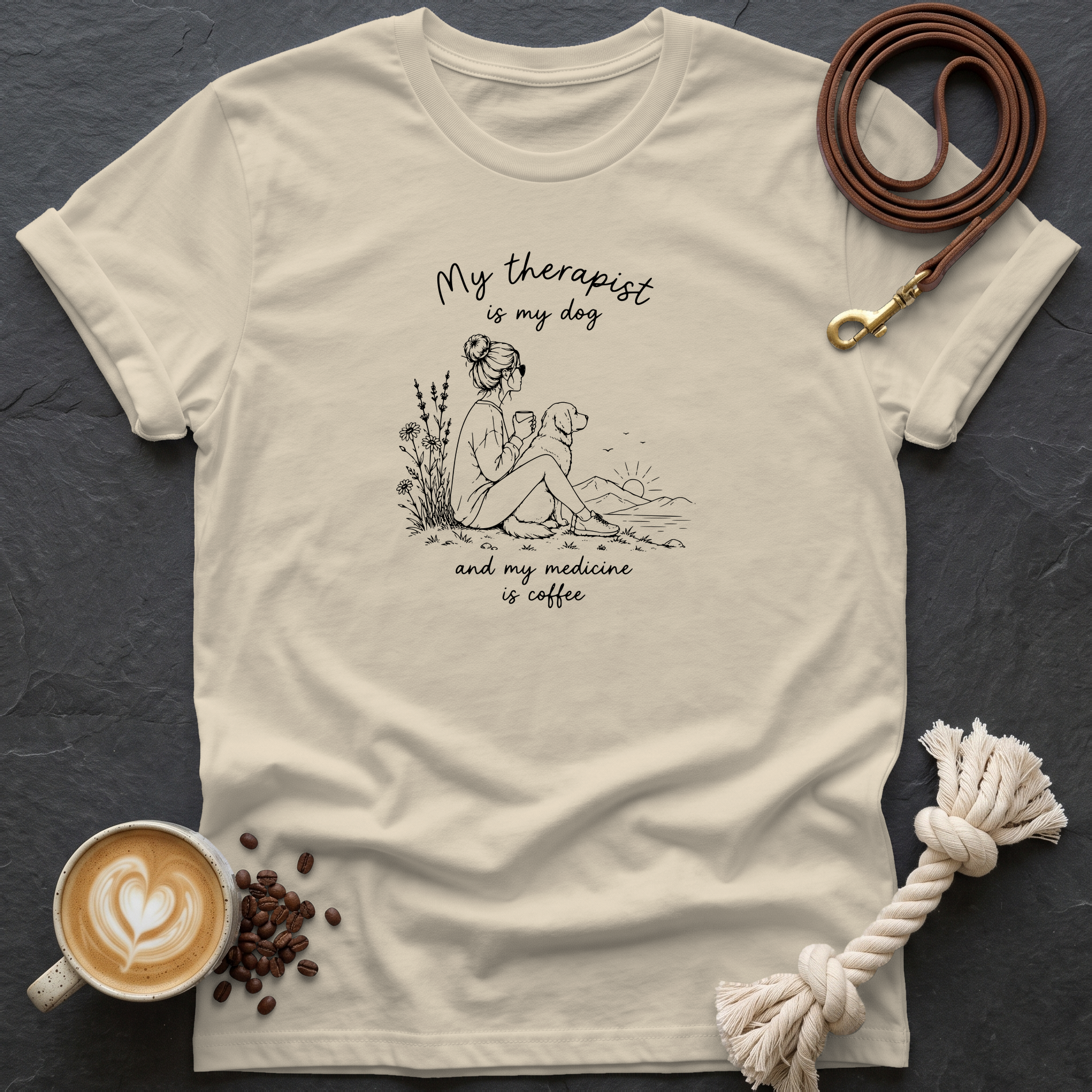 My Therapist is my Dog — Linework T-Shirt - Sand