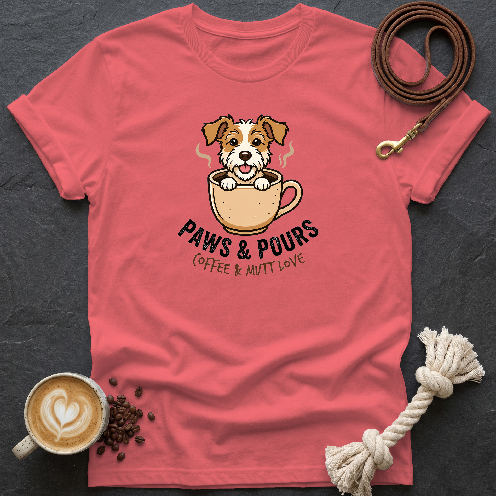 Paws and Pours T-Shirt - Coral Silk
