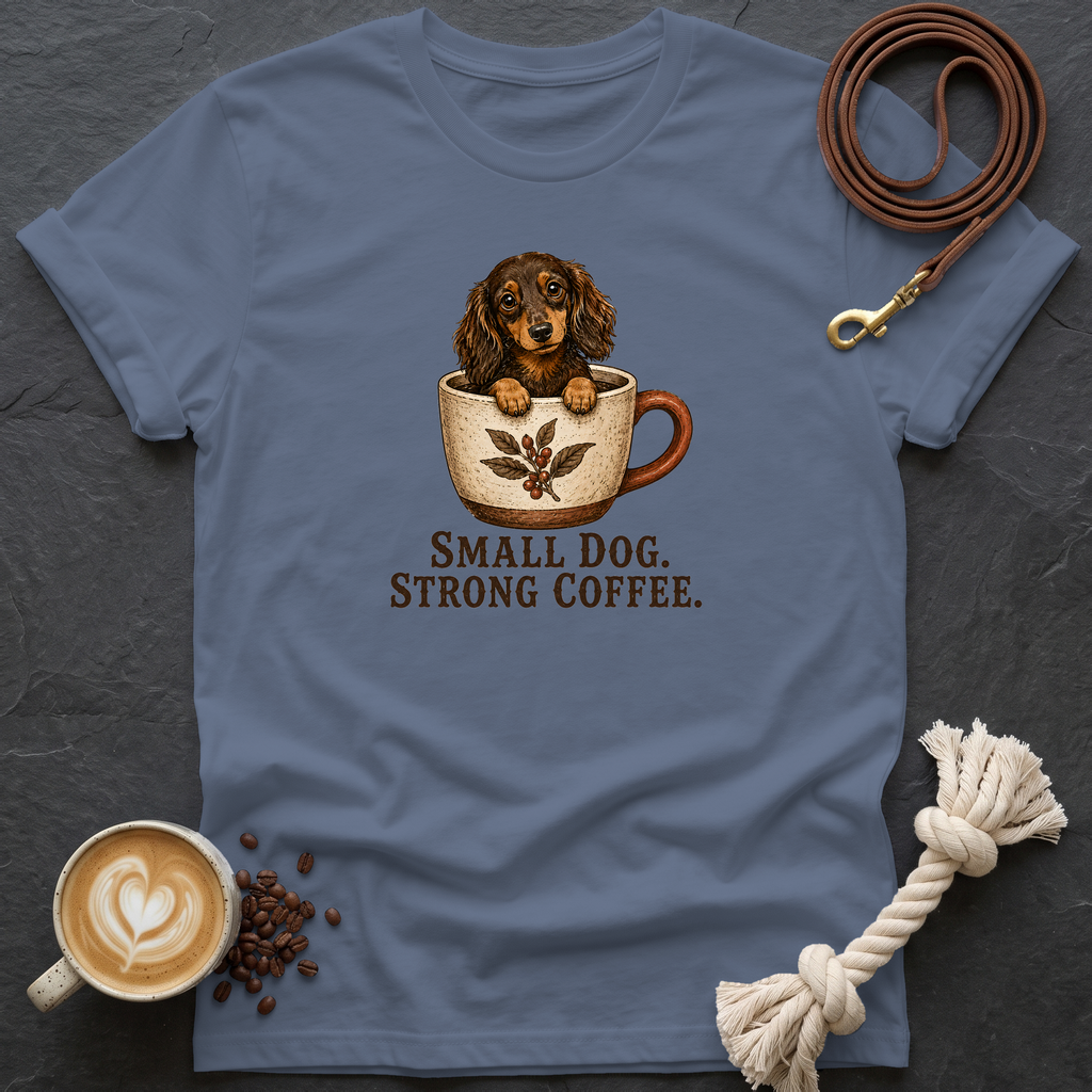 Small Dog Strong Coffee T-Shirt - Heather Indigo