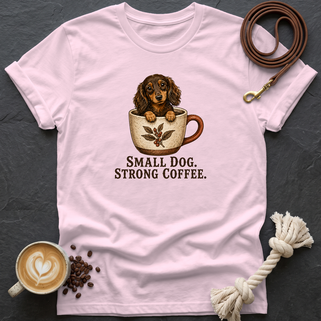 Small Dog Strong Coffee T-Shirt - Light Pink