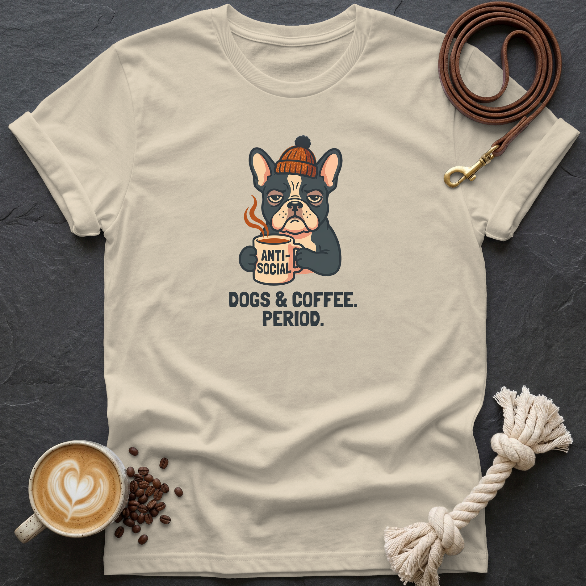 Dogs & Coffee. Period. — Anti-Social T-Shirt - Sand