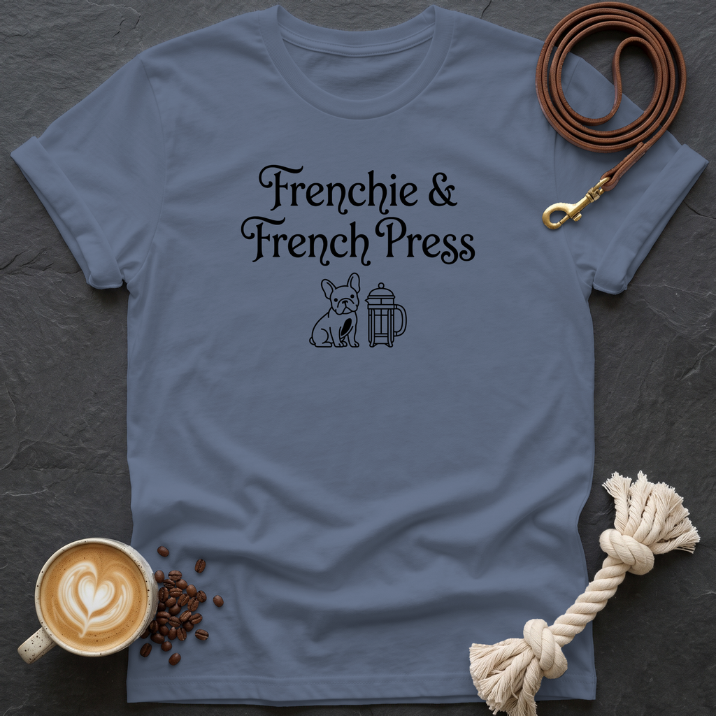Frenchie and French Press T-Shirt - Heather Indigo