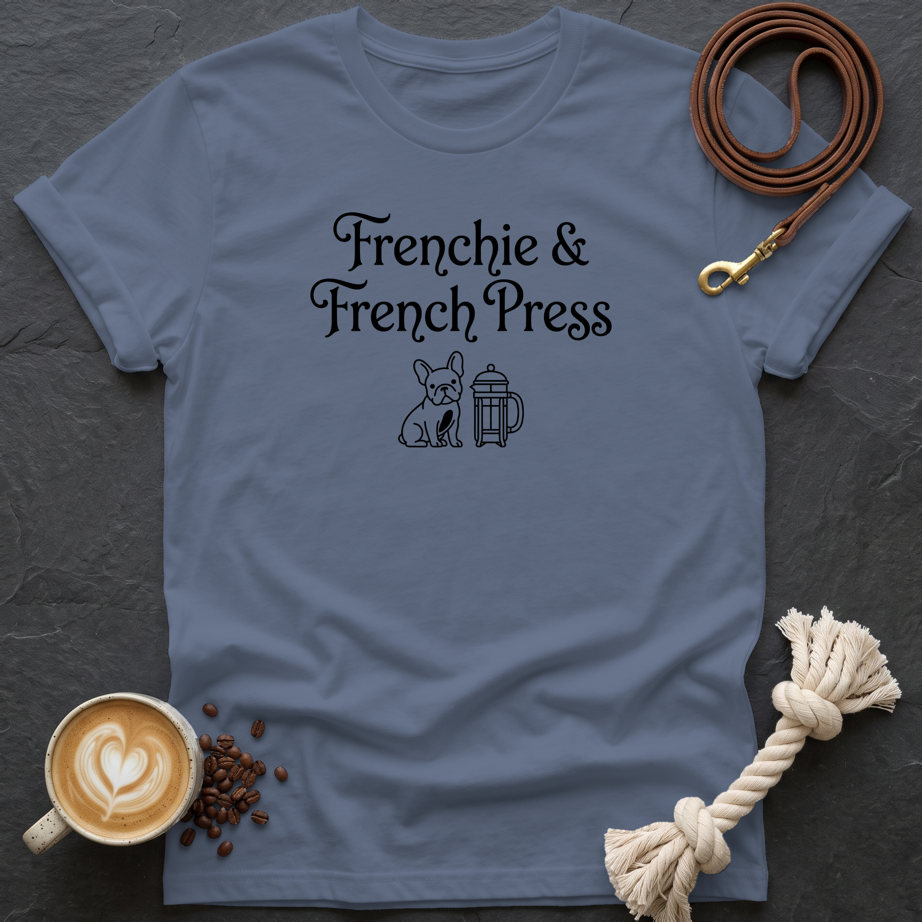Frenchie and French Press T-Shirt - Heather Indigo