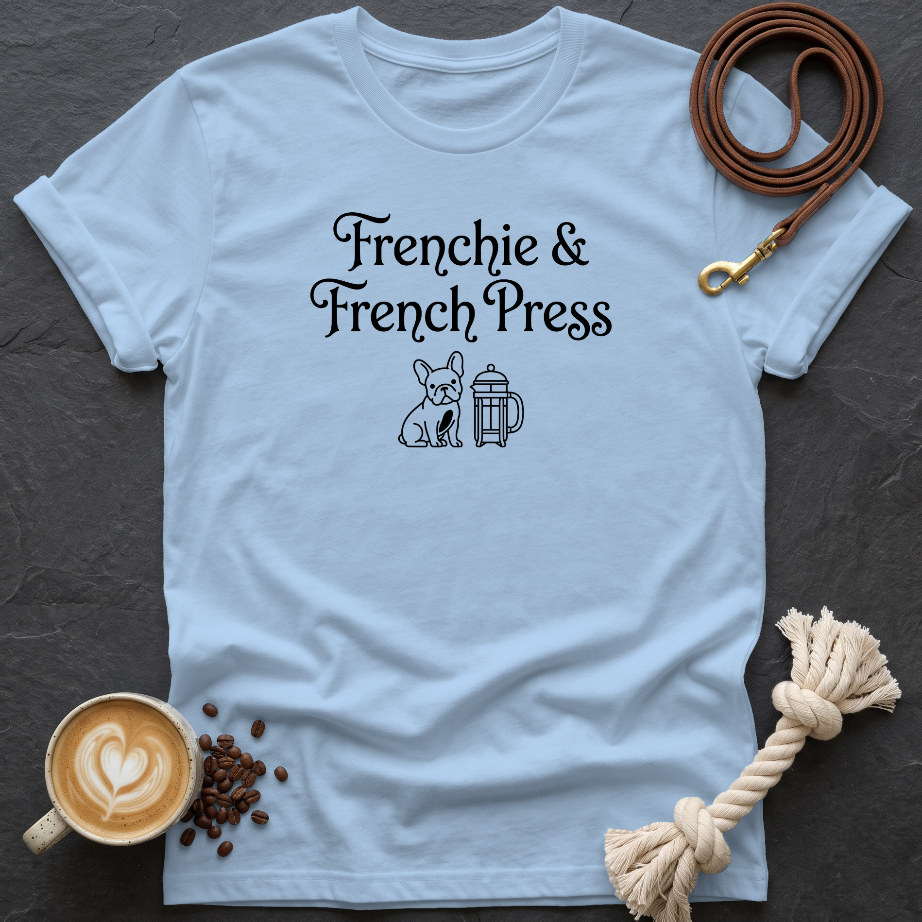 Frenchie and French Press T-Shirt - Light Blue