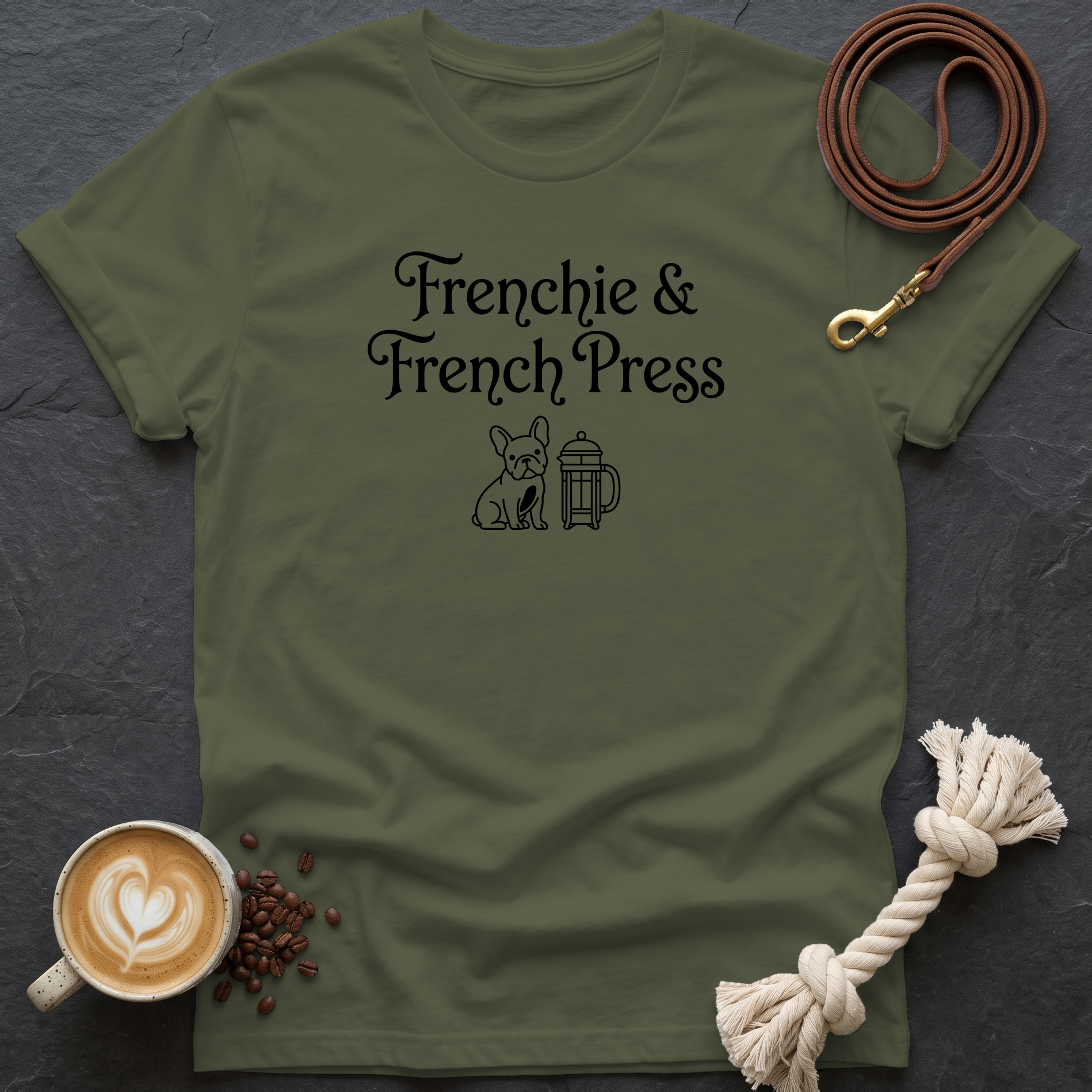 Frenchie and French Press T-Shirt - Military Green