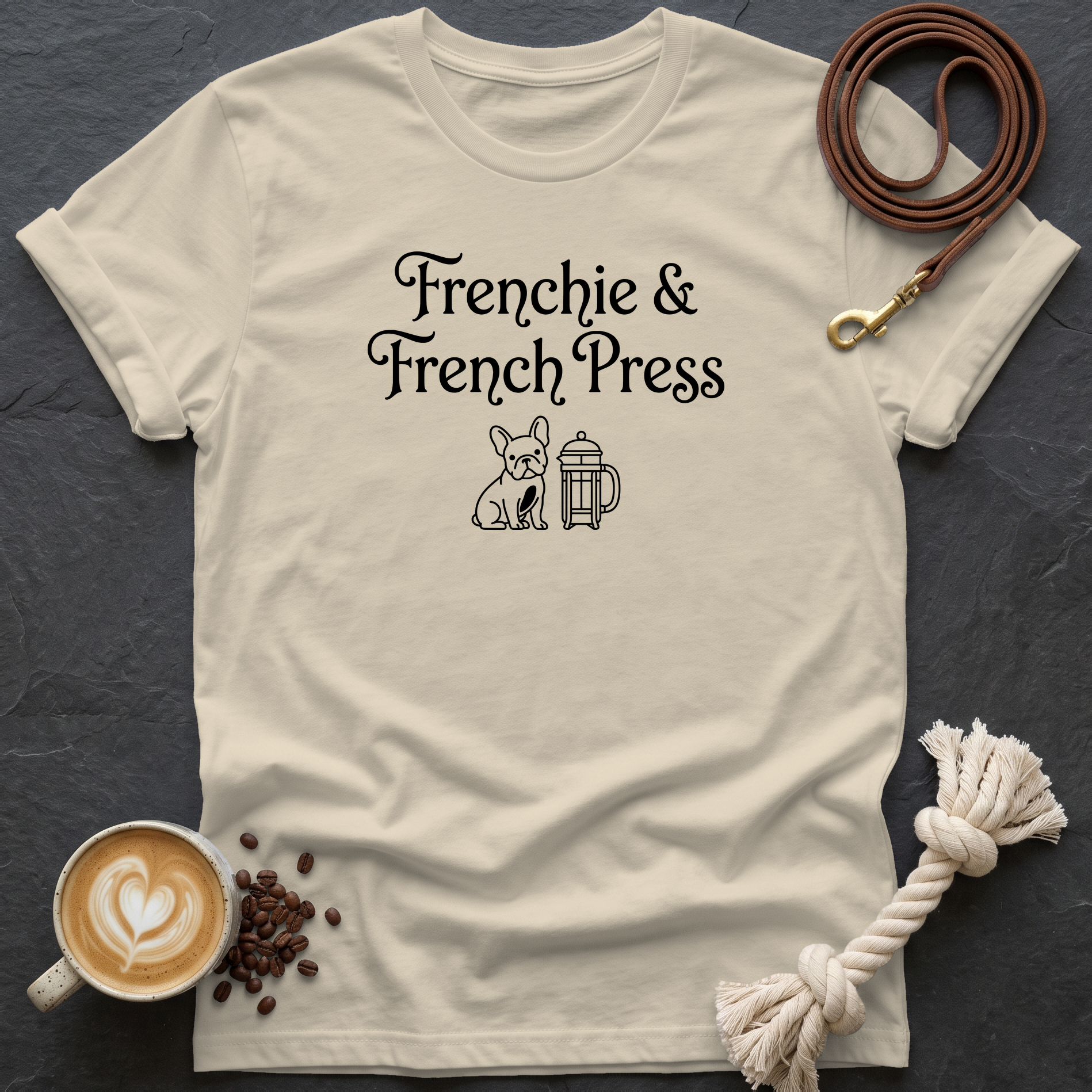 Frenchie and French Press T-Shirt - Sand
