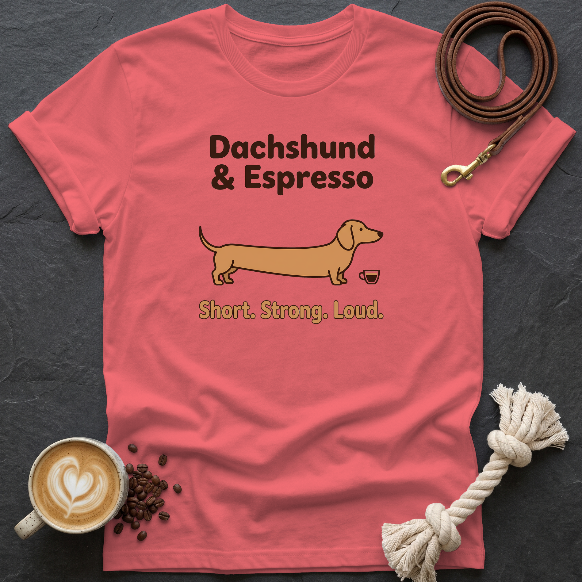 Dachshund and Espresso T-Shirt - Coral Silk