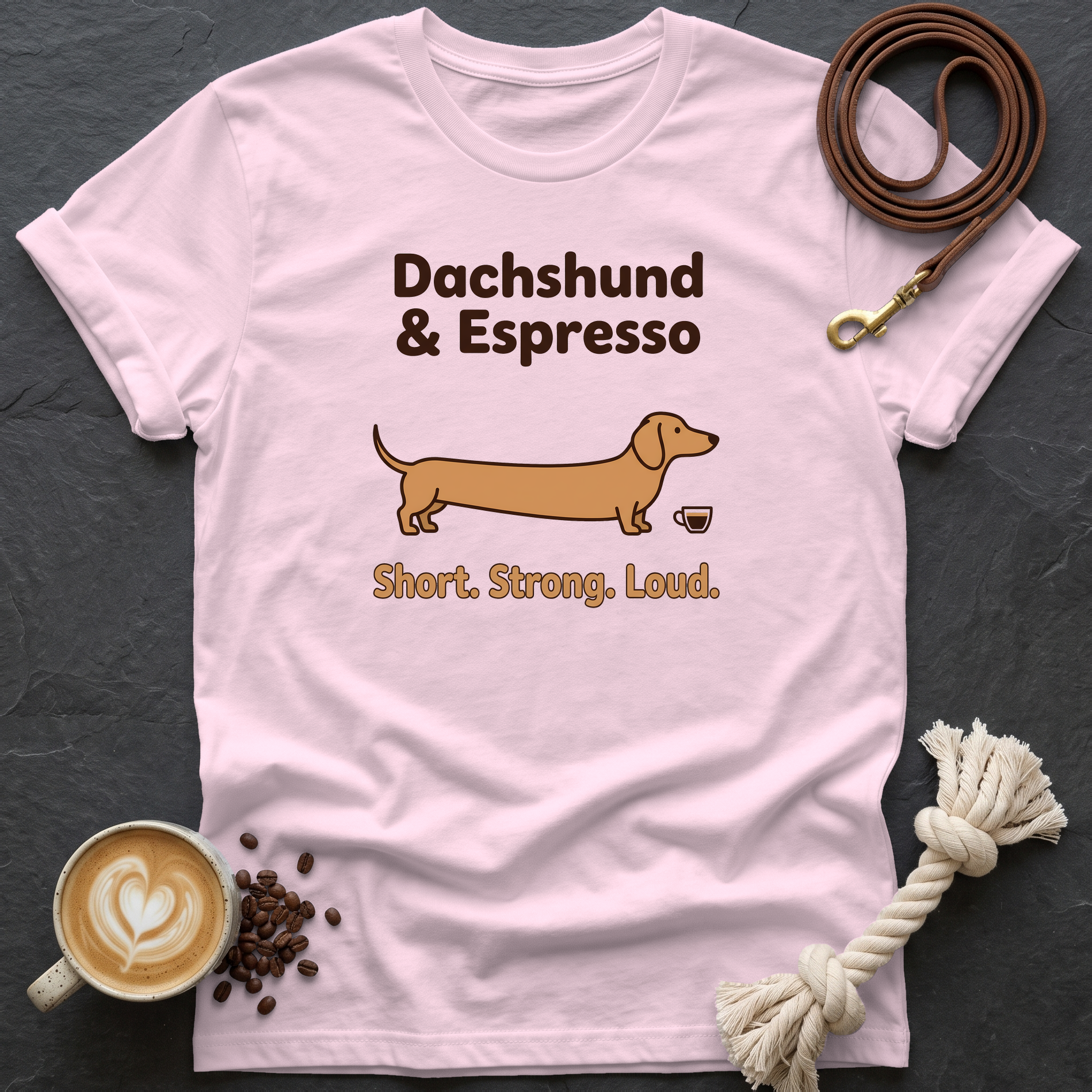 Dachshund and Espresso T-Shirt - Light Pink