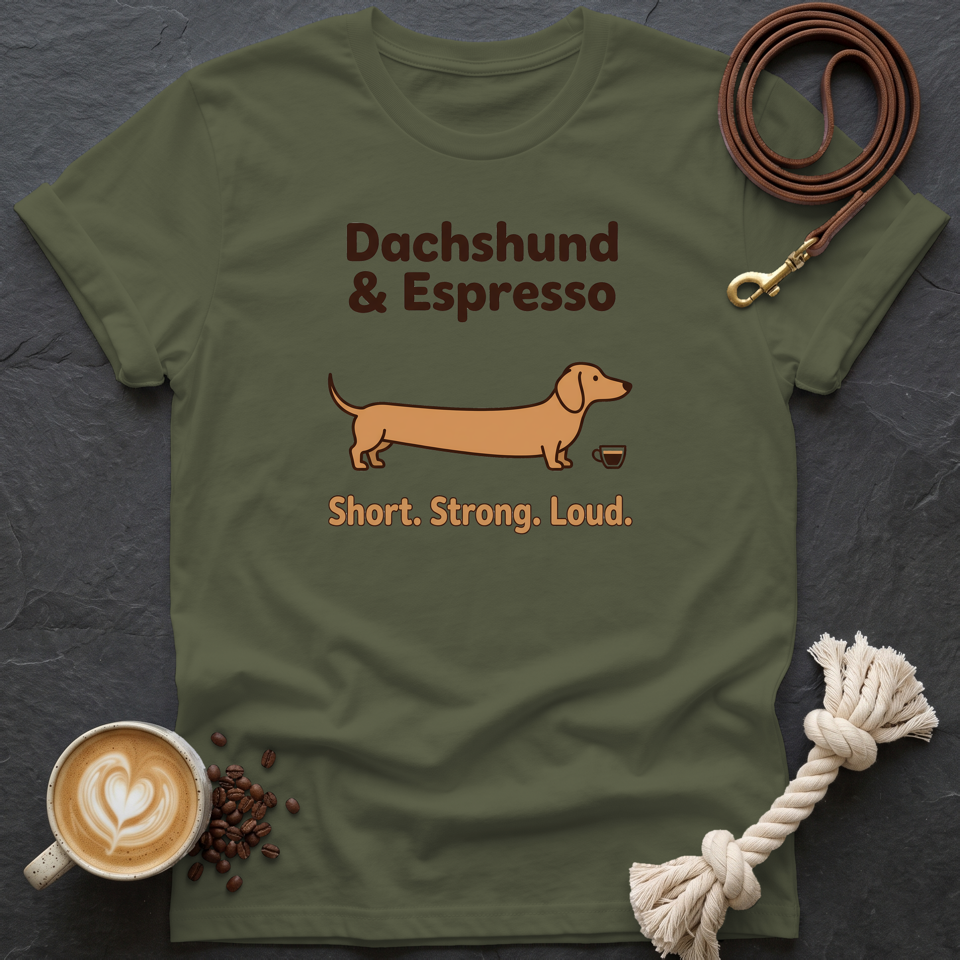 Dachshund and Espresso T-Shirt - Military Green