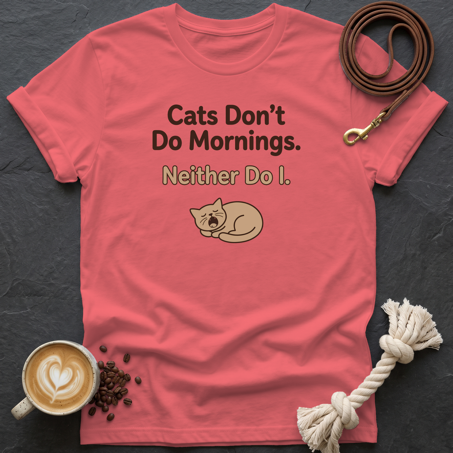 Cats Don't Do Mornings T-Shirt - Coral Silk