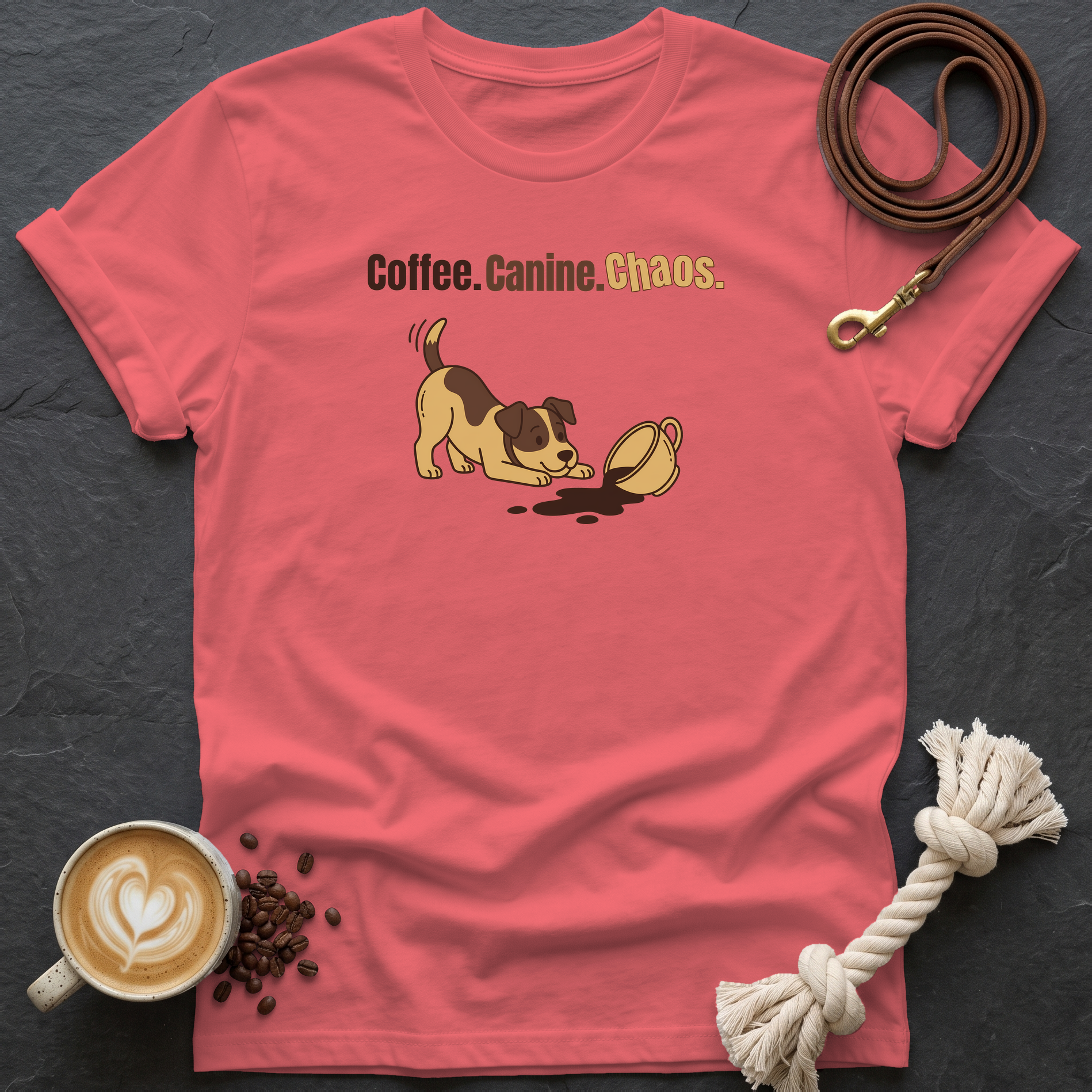Coffee Canine Chaos T-Shirt - Coral Silk