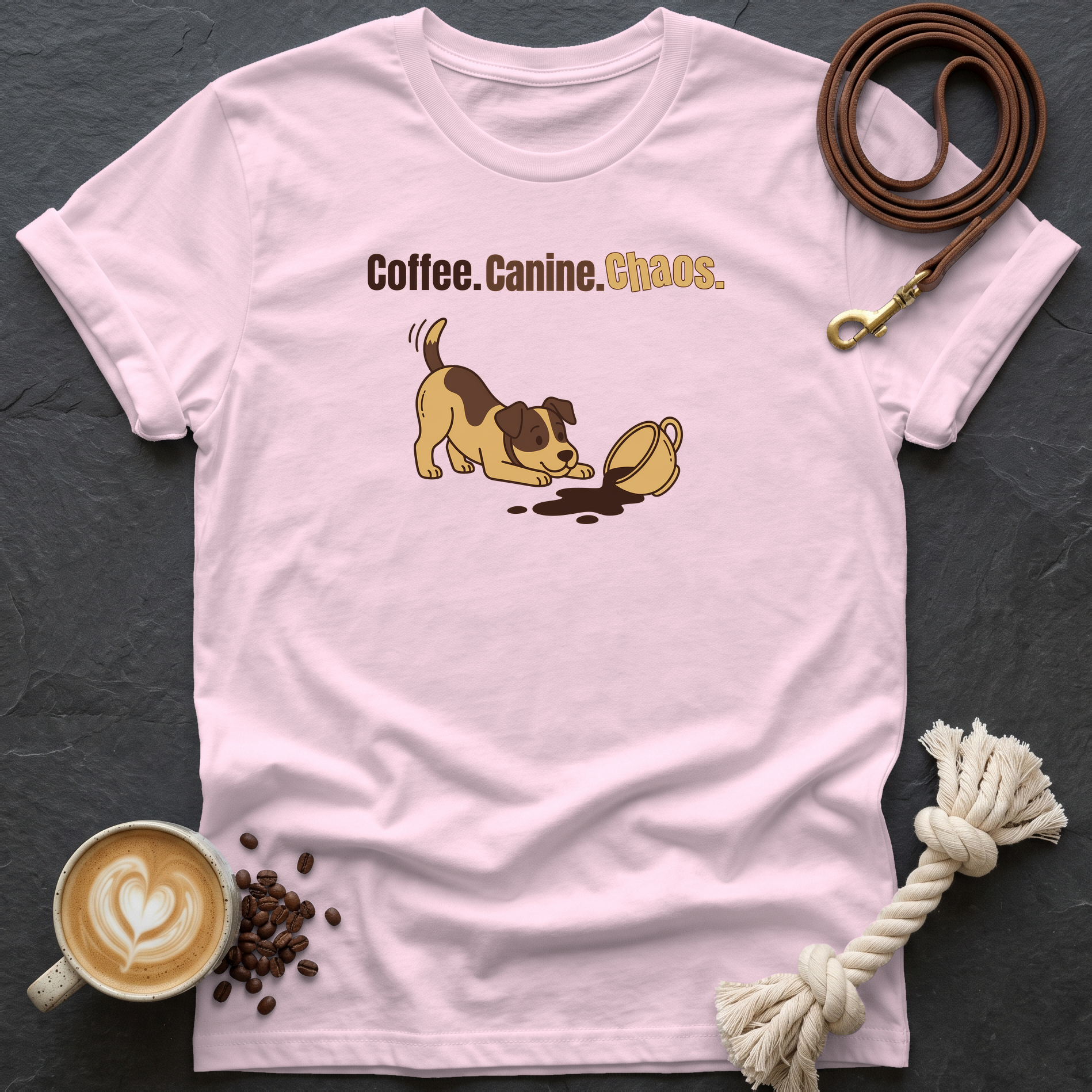 Coffee Canine Chaos T-Shirt - Light Pink