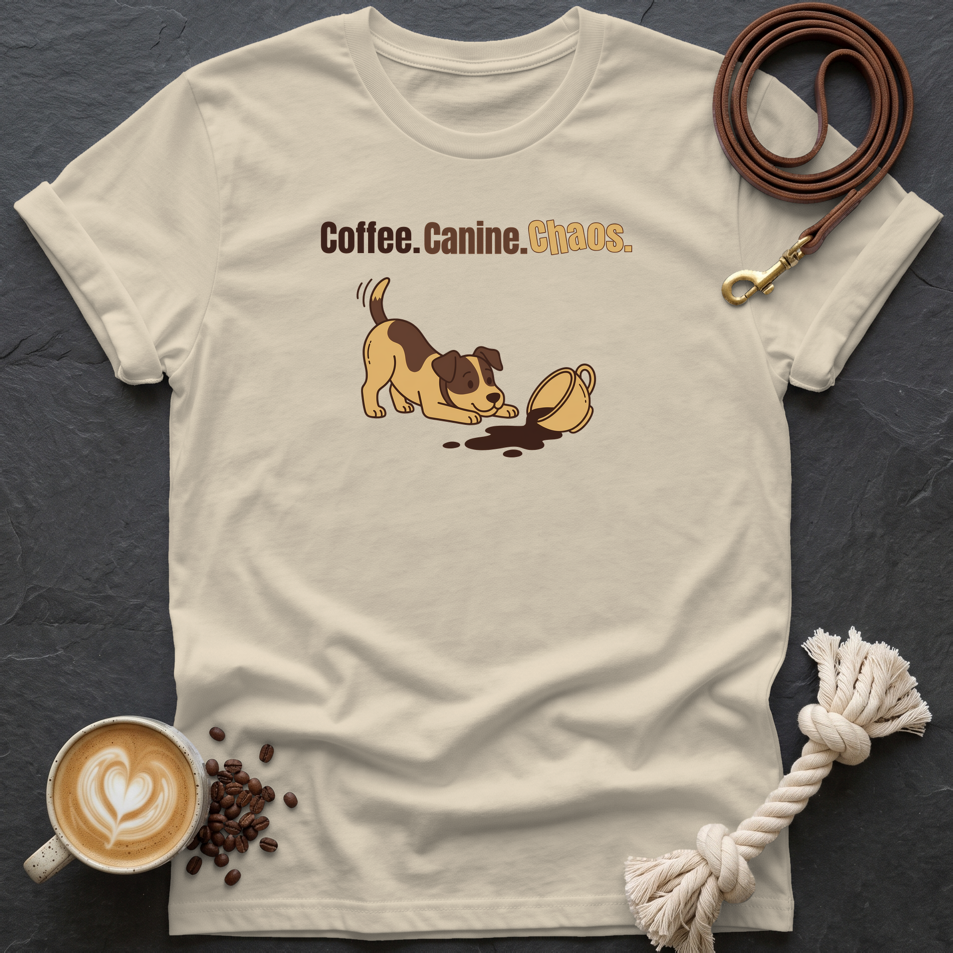 Coffee Canine Chaos T-Shirt - Sand