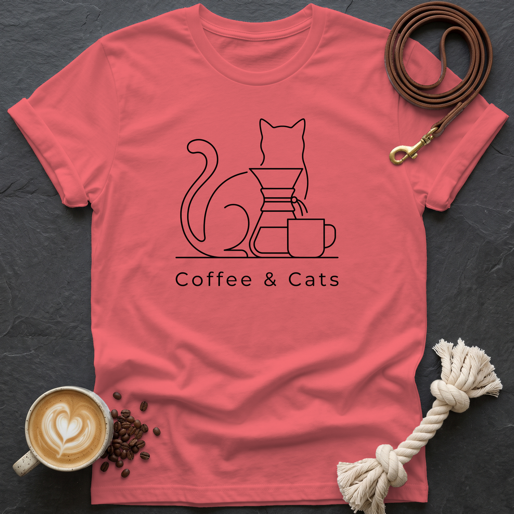 Coffee and Cats T-Shirt - Coral Silk