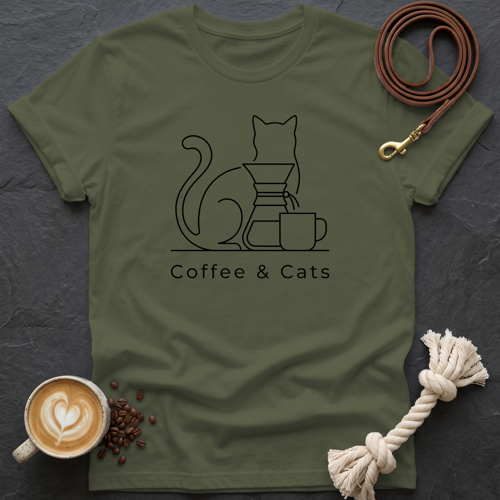 Coffee and Cats T-Shirt - Military Green
