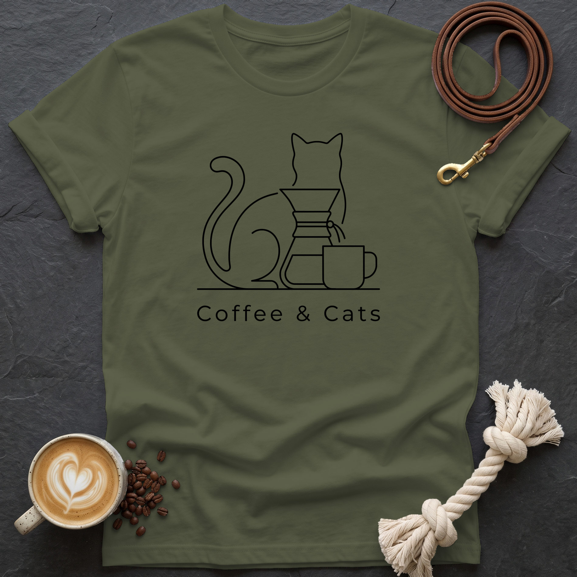 Coffee and Cats T-Shirt - Military Green