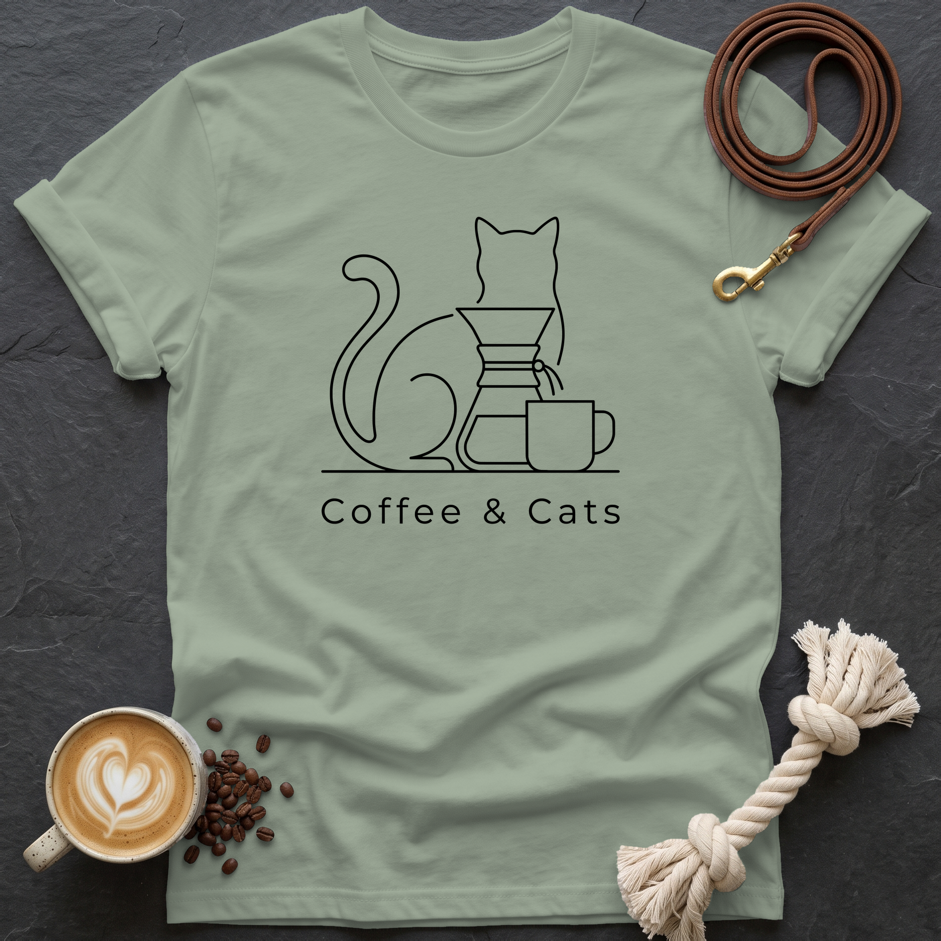 Coffee and Cats T-Shirt - Sage