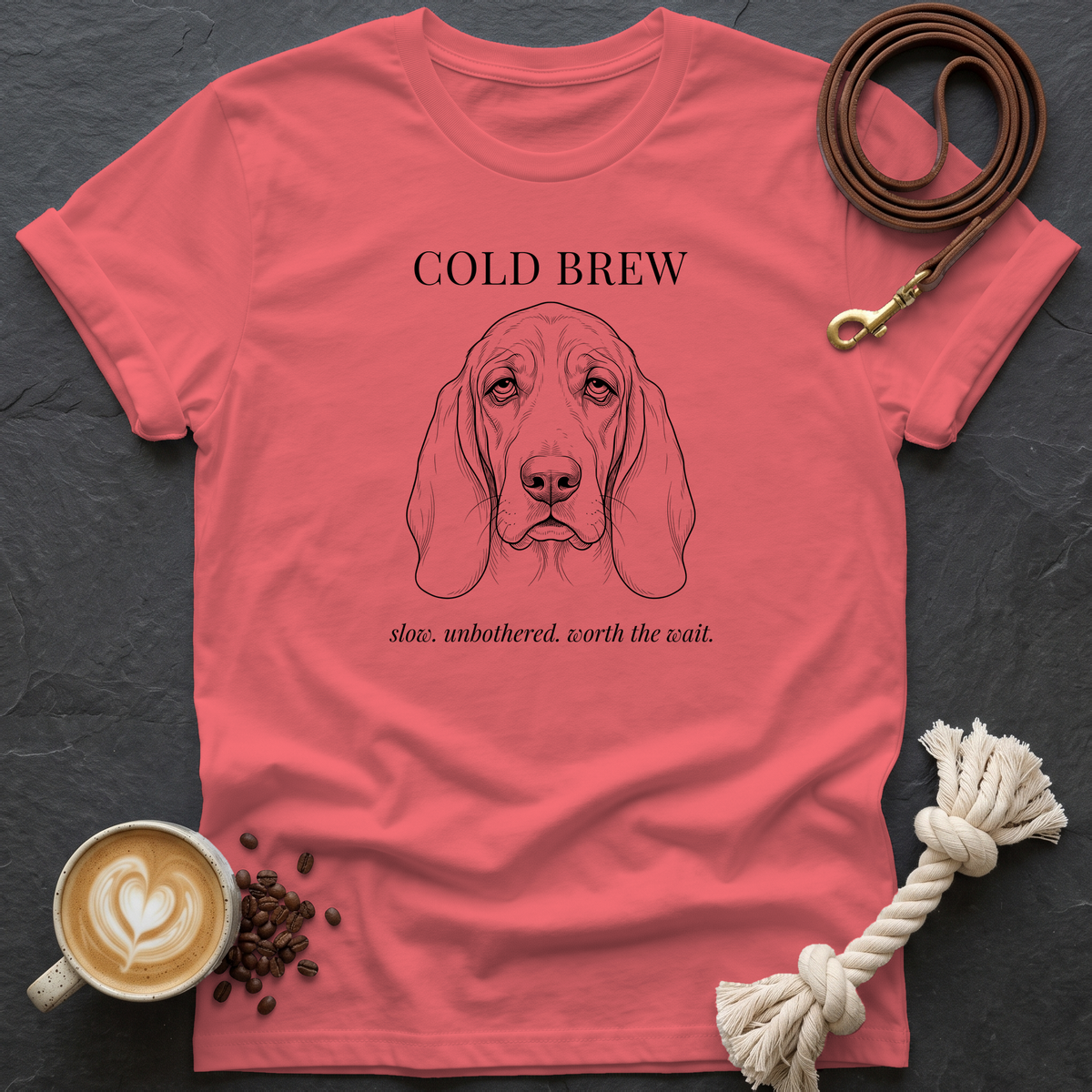 Basset Hound Cold Brew T-Shirt - Coral Silk