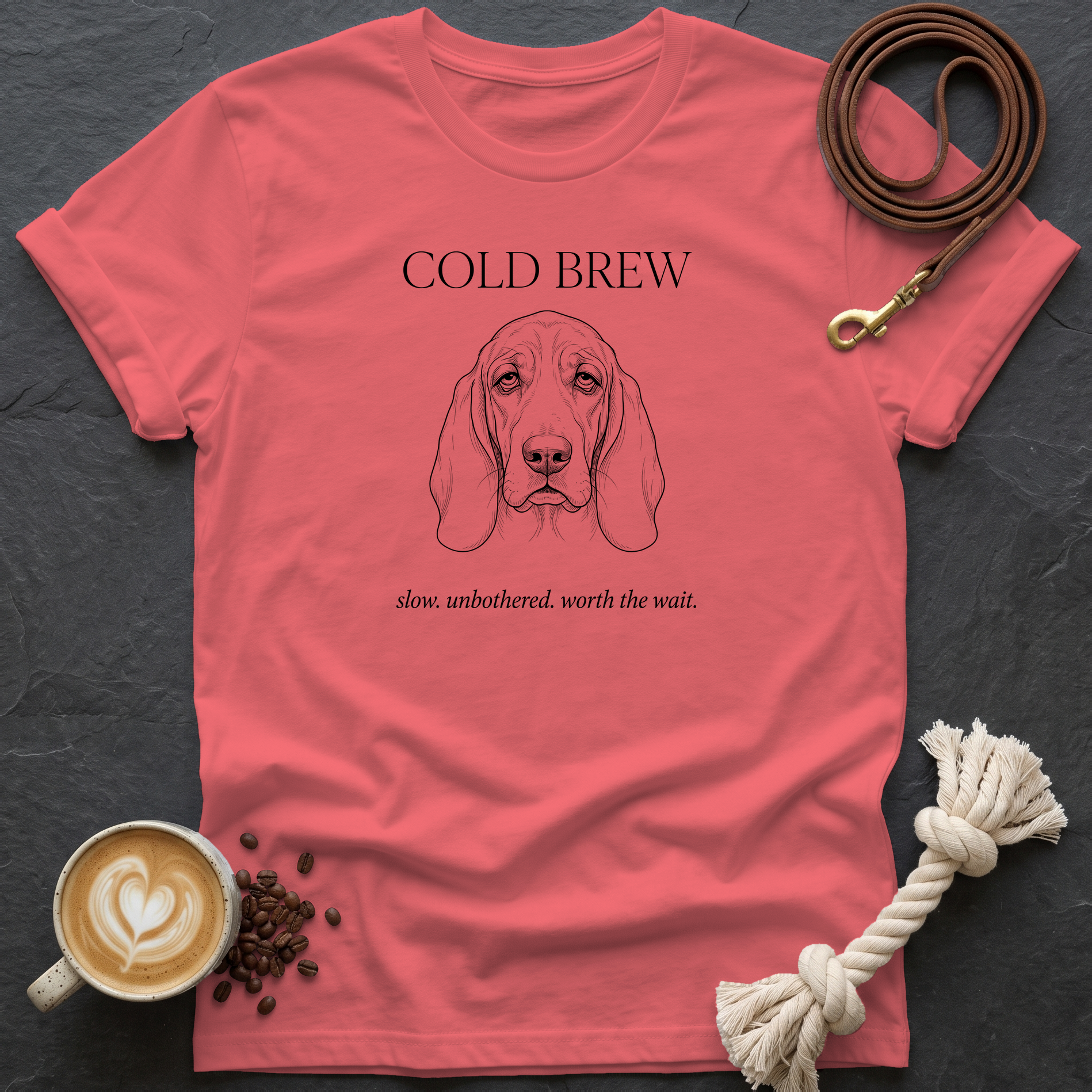 Basset Hound Cold Brew T-Shirt - Coral Silk