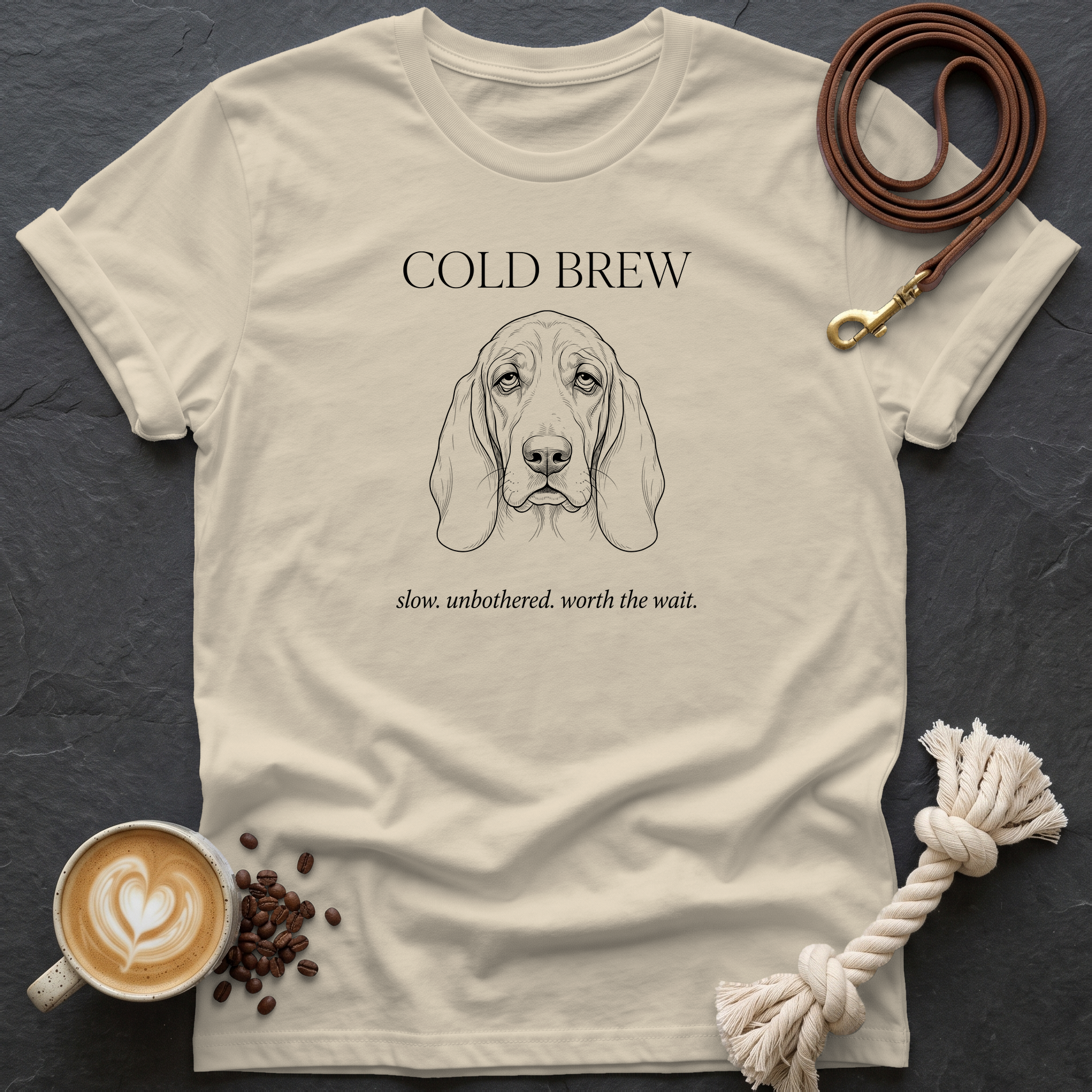 Basset Hound Cold Brew T-Shirt - Sand