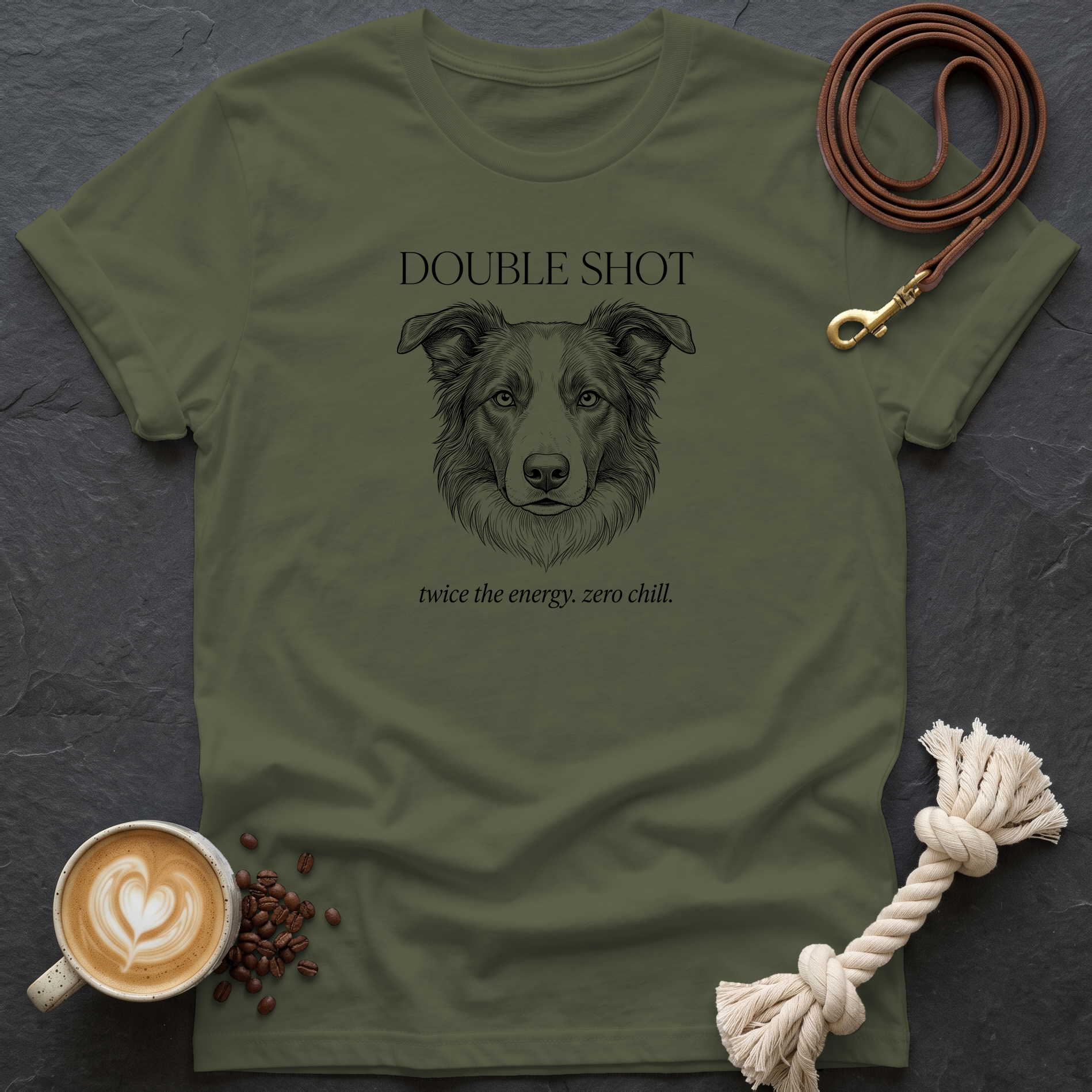 Border Collie Double Shot T-Shirt - Military Green