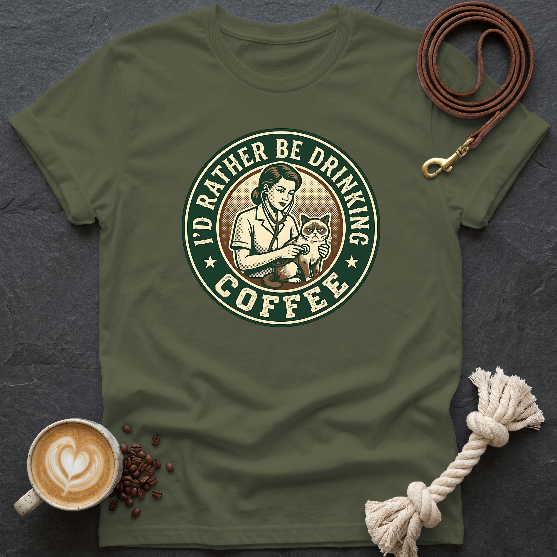 Grumpy Patient, Coffee IV T-Shirt - Military Green